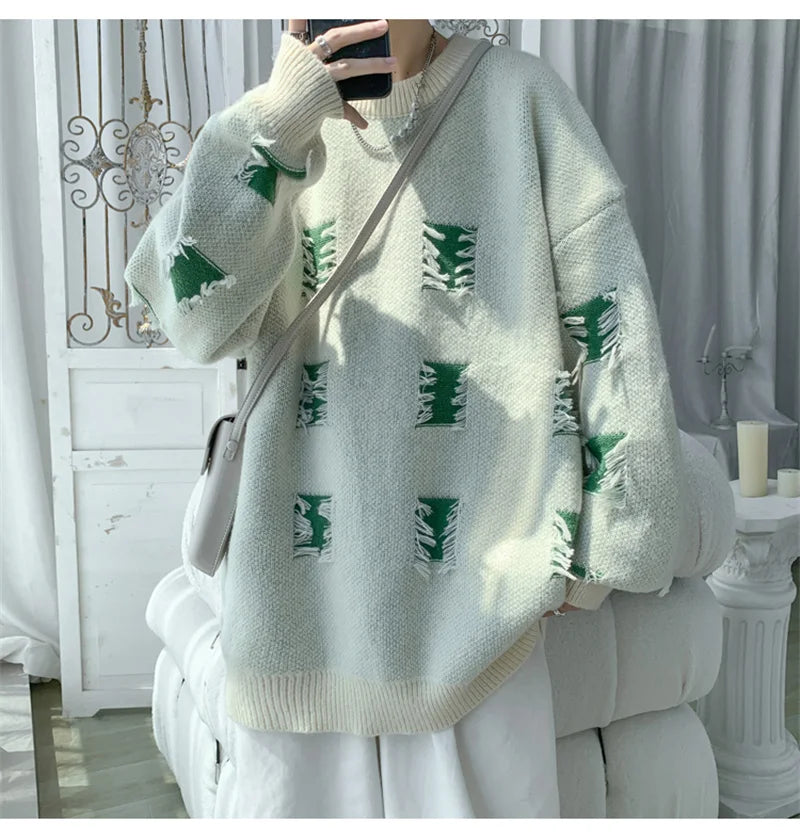 2025 New Ripped Design Crewneck Sweater For Men High Street Patchwork Knitted Jumpers Y2K Vintage Christmas Knitwear Pullovers Street King Limited