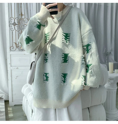 2025 New Ripped Design Crewneck Sweater For Men High Street Patchwork Knitted Jumpers Y2K Vintage Christmas Knitwear Pullovers Street King Limited