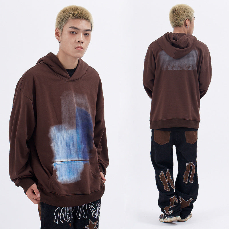 Vintage Creative Blurred Image Washed Hooded Sweatshirt For Men Street King Apparel