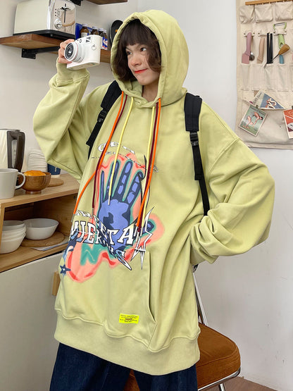 Women's Loose Bf Street Vintage Palm Print Hoodie Street King Apparel