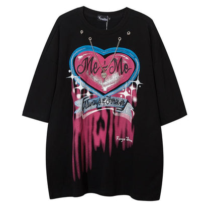 New Black Gothic T-Shirt Mens Casual Autumn Tops Tee Heart Print T Shirt Fashion Japan Loose Couple Funny Tshirt Streetwear Boys Daulet Apparel