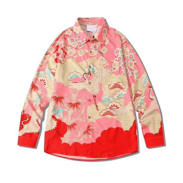 "Red Crane" Unisex Men Women Streetwear Graphic Button Up Shirt - Street King Apparel