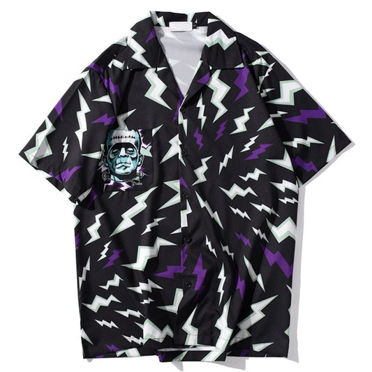 "Lighting Print" Unisex Men Women Streetwear Graphic Button Shirt - Street King Apparel