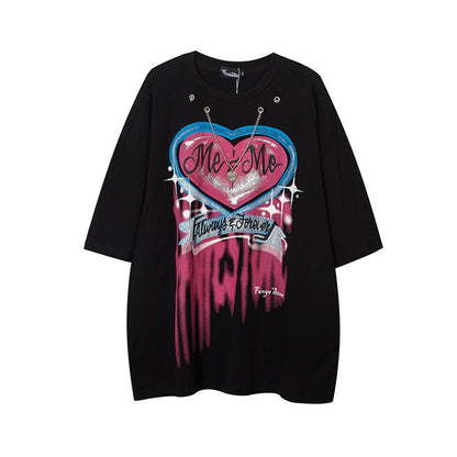 New Black Gothic T-Shirt Mens Casual Autumn Tops Tee Heart Print T Shirt Fashion Japan Loose Couple Funny Tshirt Streetwear Boys Daulet Apparel