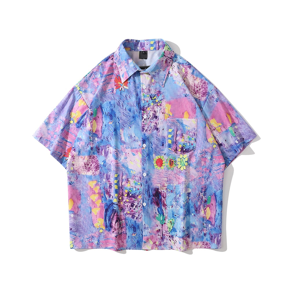 "Purple Rainbow" Unisex Men Women Streetwear Graphic Button Shirt - Street King Apparel