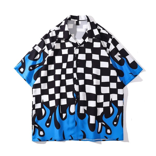 Street King Apparel "Blue Flame" Unisex Men Women Streetwear Graphic Button Shirt - Street King Apparel