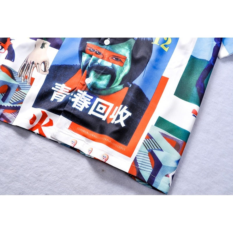 "Retro Blue" Unisex Men Women Streetwear Graphic Button Shirt - Street King Apparel