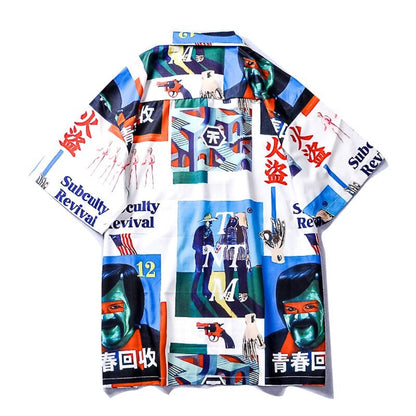 "Retro Blue" Unisex Men Women Streetwear Graphic Button Shirt - Street King Apparel