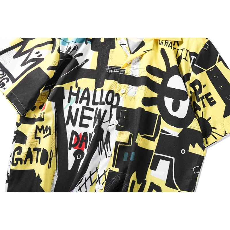 "Retro Style Graffiti" Unisex Men Women Streetwear Button Shirt - Street King Apparel