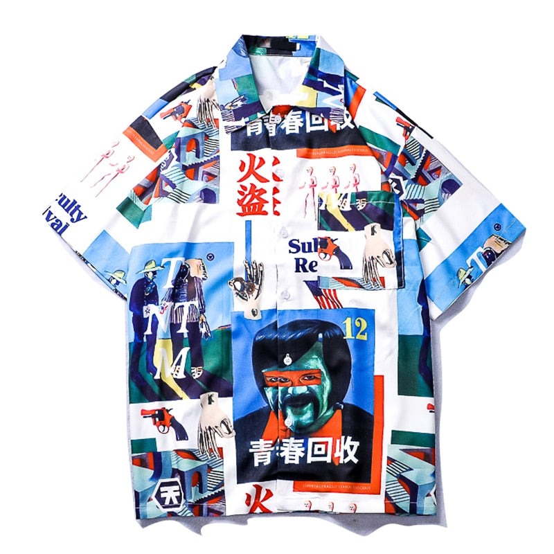 "Retro Blue" Unisex Men Women Streetwear Graphic Button Shirt - Street King Apparel