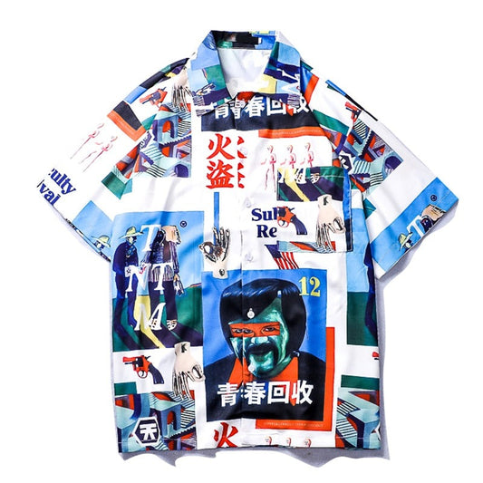 "Retro Blue" Unisex Men Women Streetwear Graphic Button Shirt - Street King Apparel