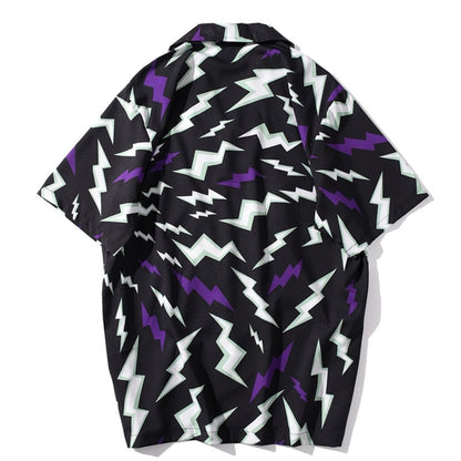 "Lighting Print" Unisex Men Women Streetwear Graphic Button Shirt - Street King Apparel