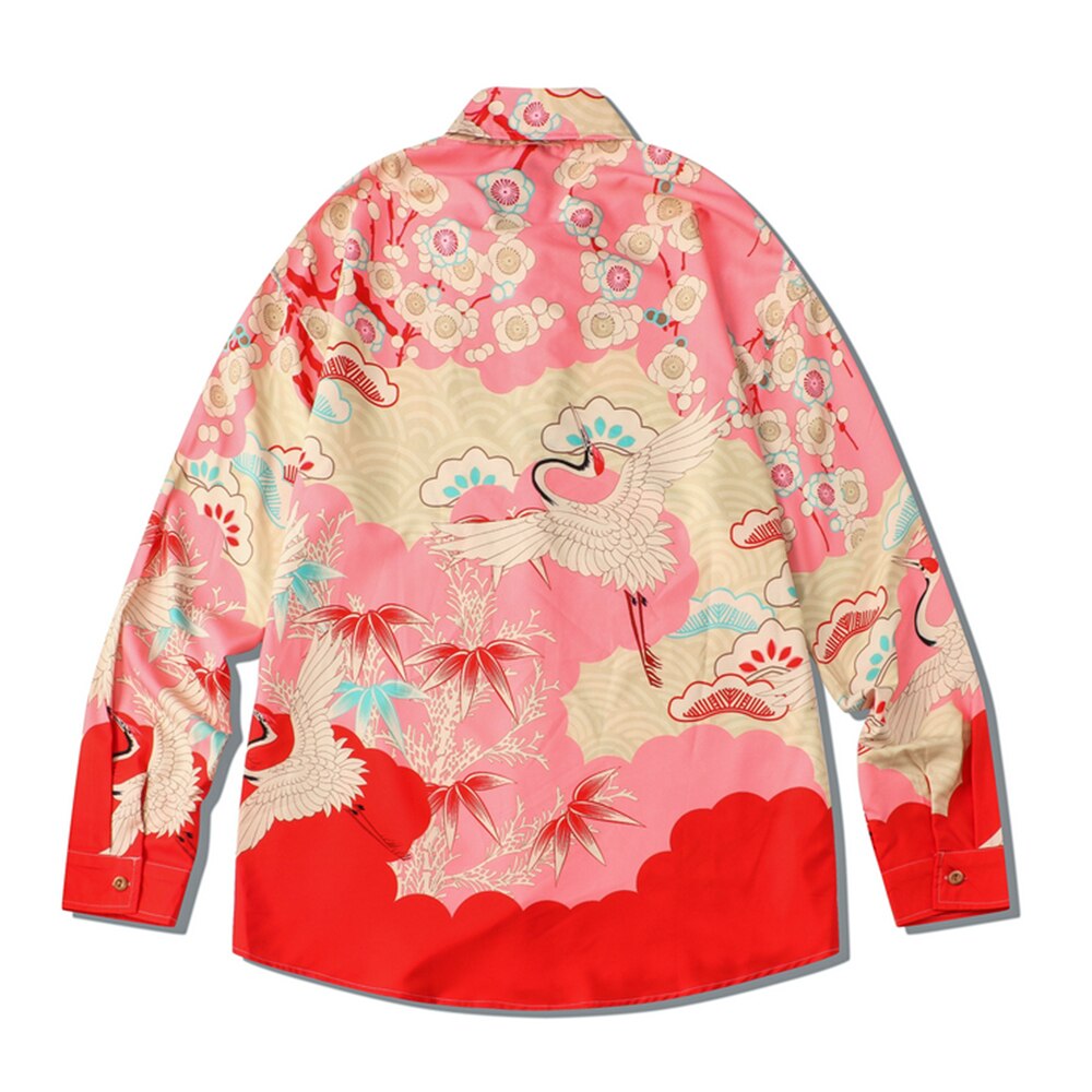 "Red Crane" Unisex Men Women Streetwear Graphic Button Up Shirt - Street King Apparel