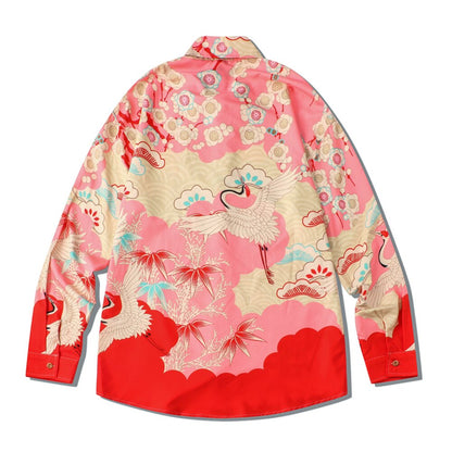 "Red Crane" Unisex Men Women Streetwear Graphic Button Up Shirt - Street King Apparel