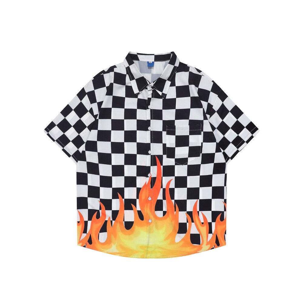 "Plaid Flame" Unisex Men Women Streetwear Graphic Button Shirt - Street King Apparel