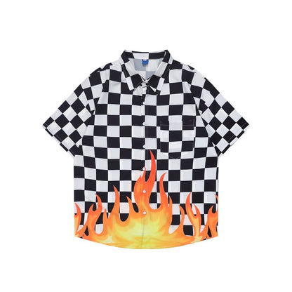 "Plaid Flame" Unisex Men Women Streetwear Graphic Button Shirt - Street King Apparel