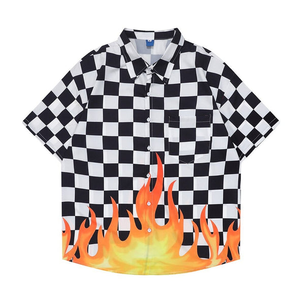 "Plaid Flame" Unisex Men Women Streetwear Graphic Button Shirt - Street King Apparel